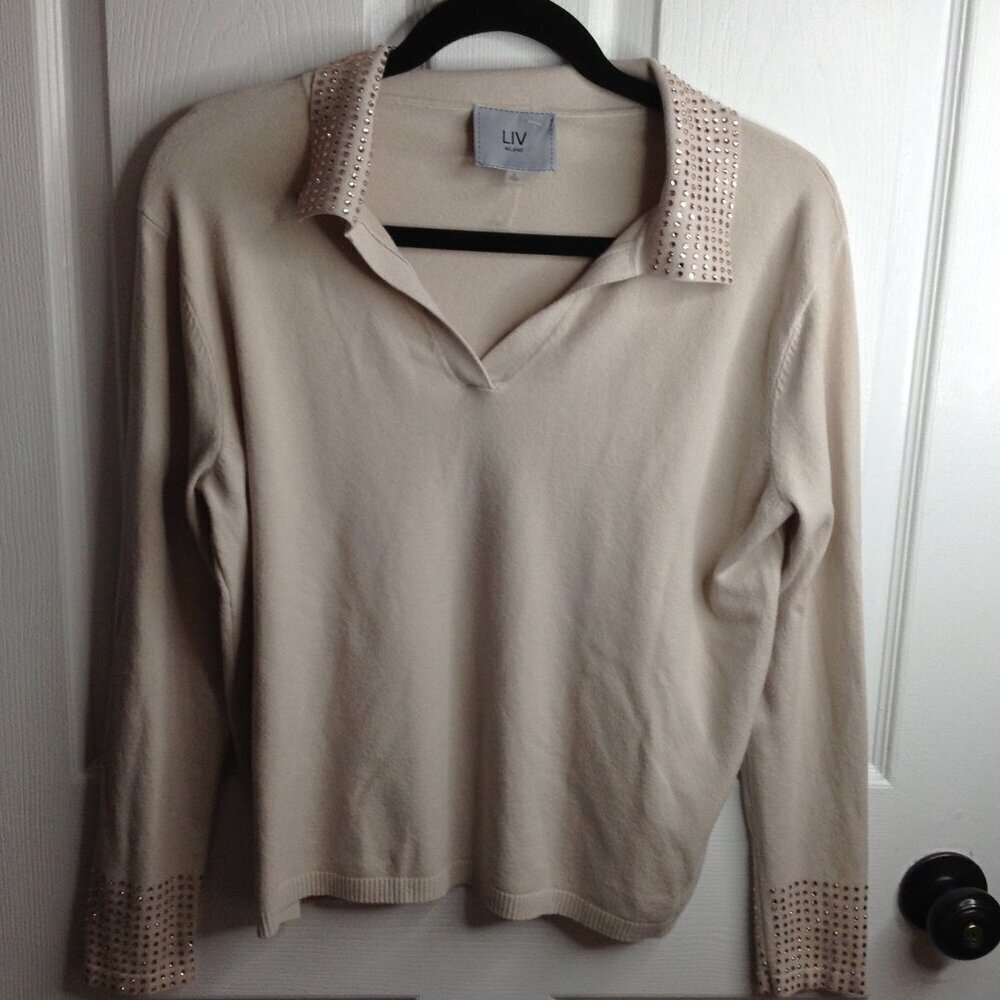 NWOT LIV Milano "L" Beige Embellished, Rhinestones Sweater, Glam, Fashionista